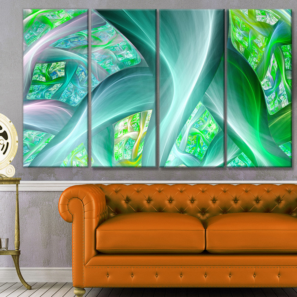 Green Fractal Exotic Plant Stems, Abstract Wall Art Canvas, 48"x28", 4 Panels