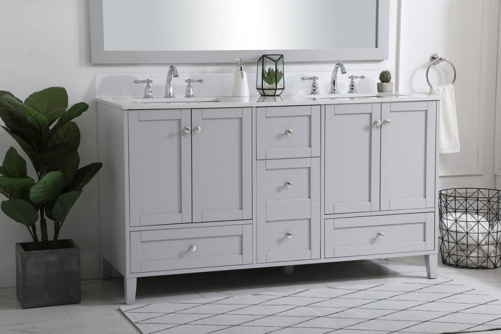 Elegant VF18060DGR-BS 60"Double Bathroom Vanity, Gray With Backsplash