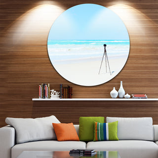 Digital Camera And Tripod On Beach, Landscape Round Wall Art, 23"
