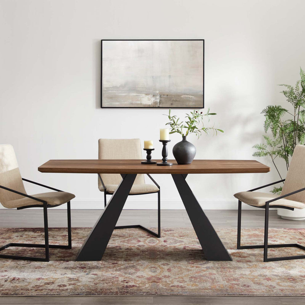 Dining Table, Wood, Metal, Brown Walnut, Modern, Bistro Restaurant Hospitality
