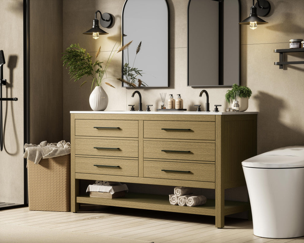 Home Living 60" Double Bathroom Vanity, Honey Brown