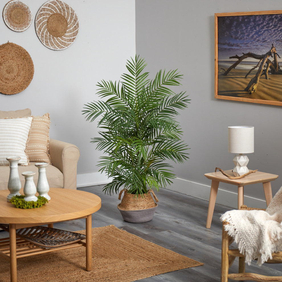 4' Areca Faux Palm Branches, Boho Chic Handmade Cotton & Jute Gray Woven Planter