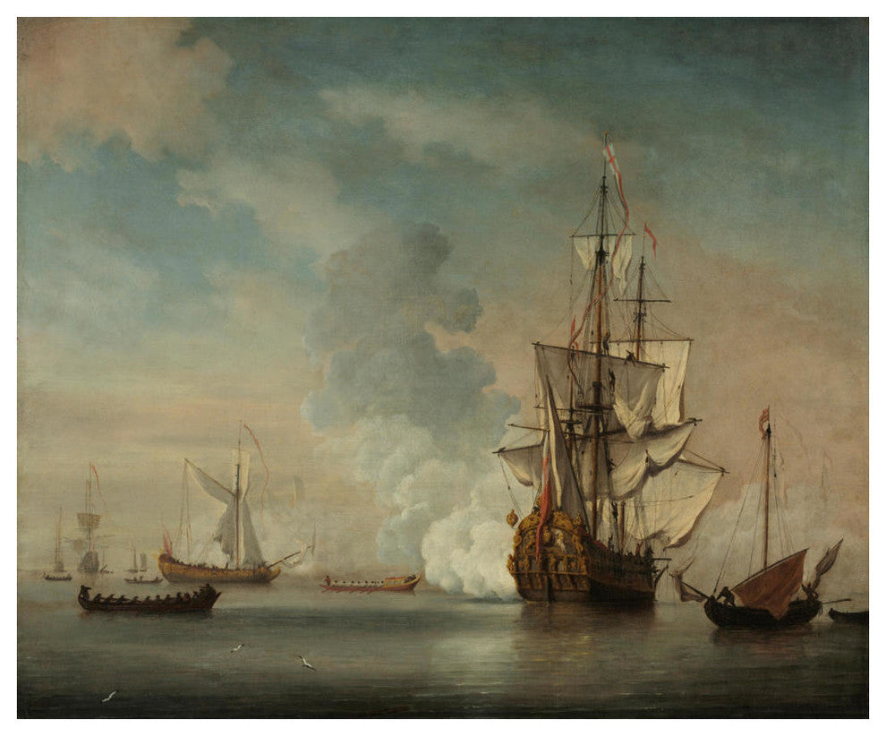 "English Warship Firing a Salute, 1690" Paper Art, 18"x15.12"