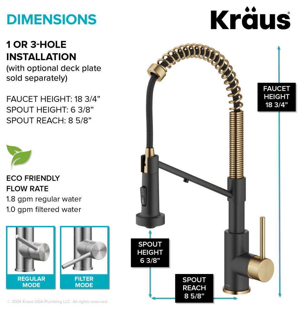 Bolden Commercial Style 2-Function Pull-Down 1-Handle 1-Hole Kitchen Faucet, Brushed Brass/ Matte Black (Filter Kitchen Faucet)