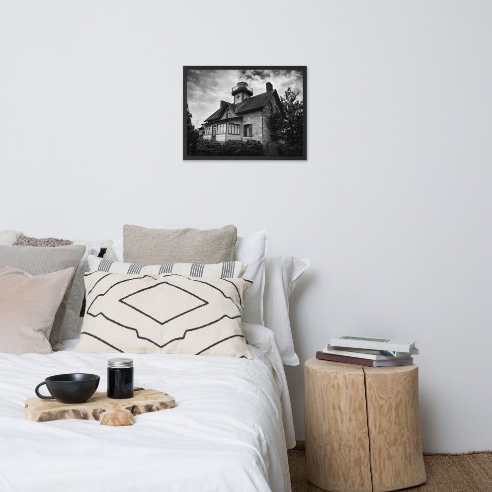 Cedar Point Lighthouse in Black and White Framed Photo Paper Wall Art Prints, Black, 18" X 24"
