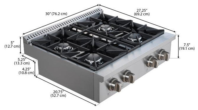 30" Commercial Style Stainless Steel Slide-in Gas Cooktop
