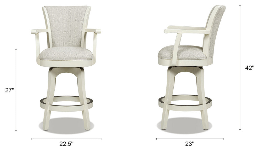 Williams Swivel Bar and Counter Stool With Armrests, White Pepper Stain Resistant Polyester & White Oak Wood, Counter Height