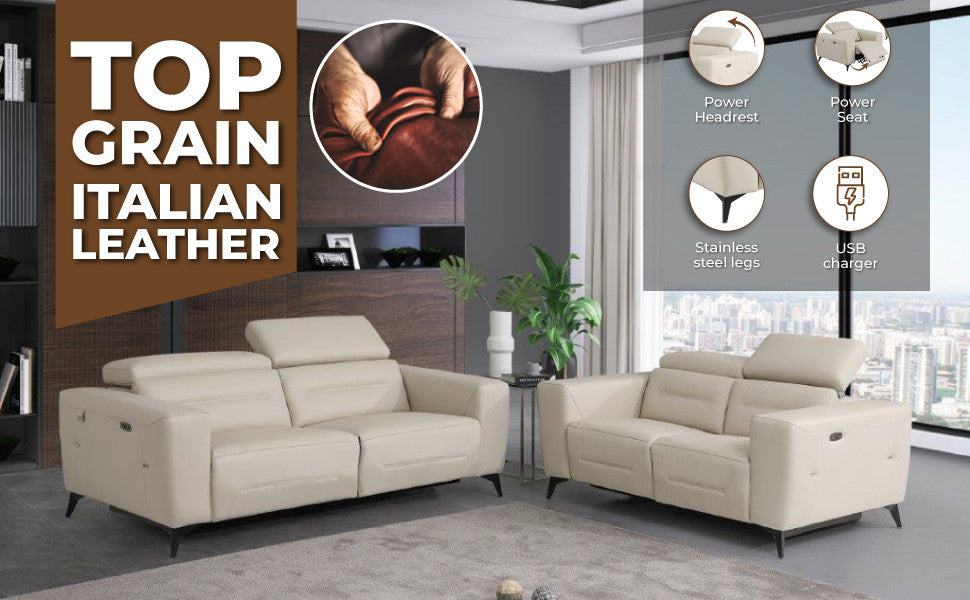 Arezzo Genuine Italian Leather Modern Sofa, Beige