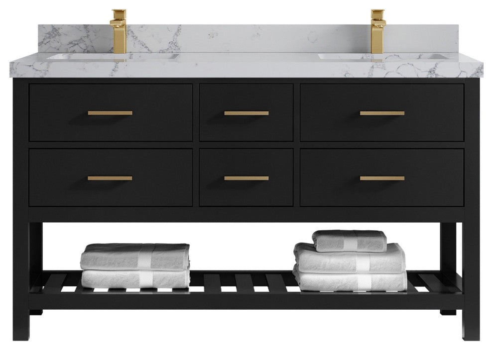 Parker 60" Double Sink Bath Vanity, Black 2" Venatino Quartz