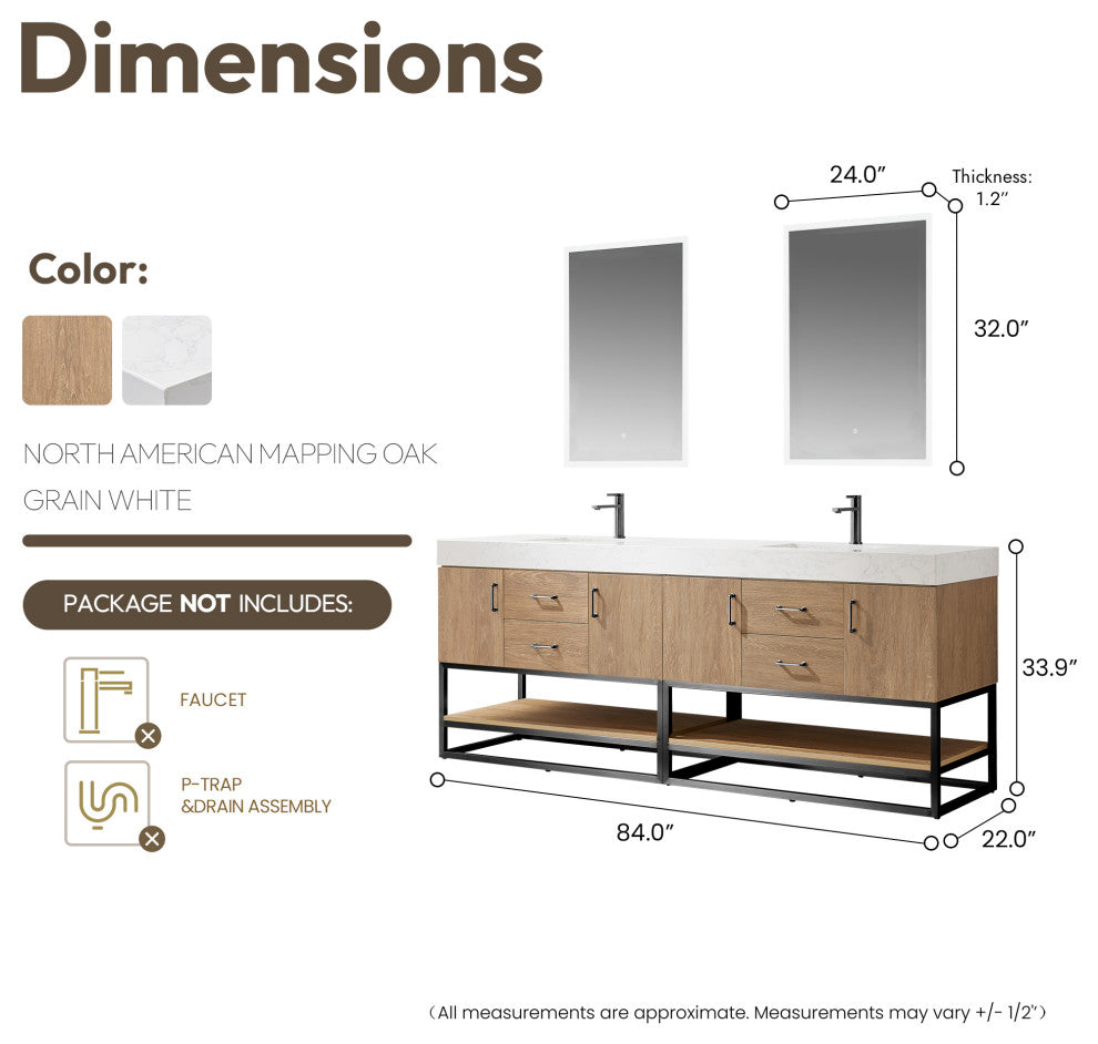 Alistair Vanity, North American Oak, Matte Black Hardware, 84", With Mirror