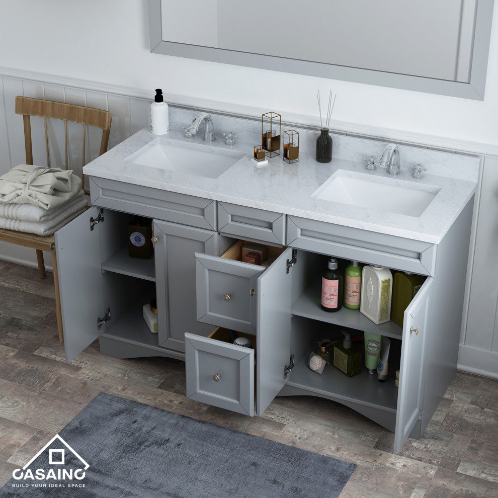 CASAINC 60" Marble Top Double Sink Bathroom Vanity with Mirror, Gray