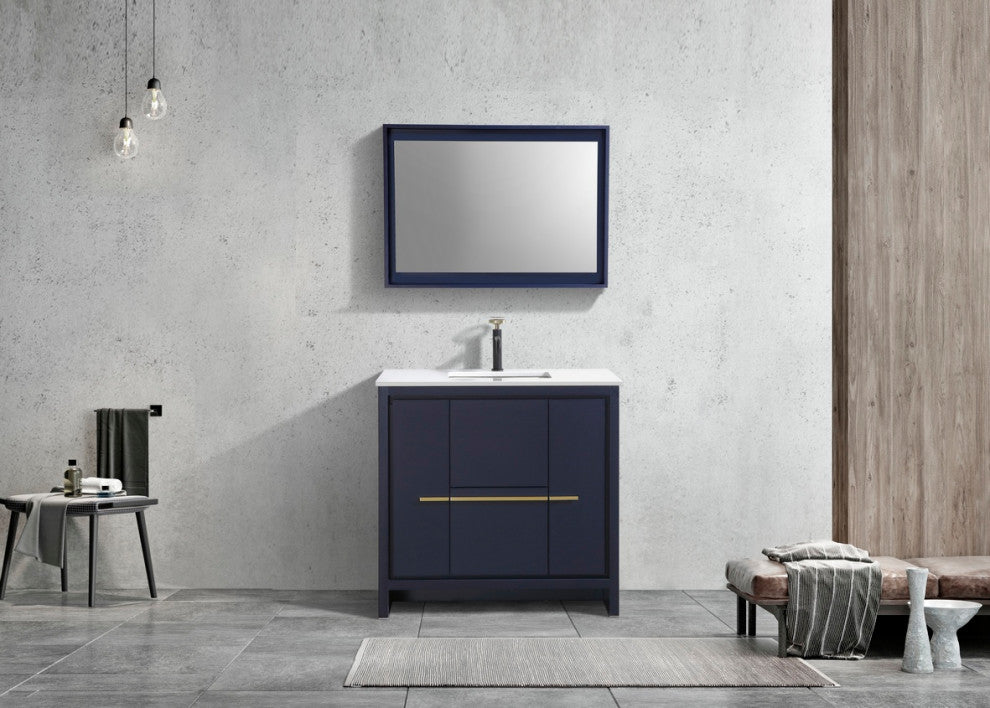 KubeBath Dolce 36" Vanity With White Quartz Countertop, Rose Wood, Blue