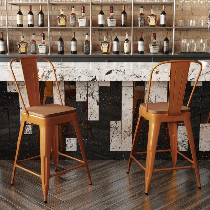 Kai Commercial Grade 24" Metal Indoor-Outdoor Counter Stool w/Removable Seat, Orange/Teak