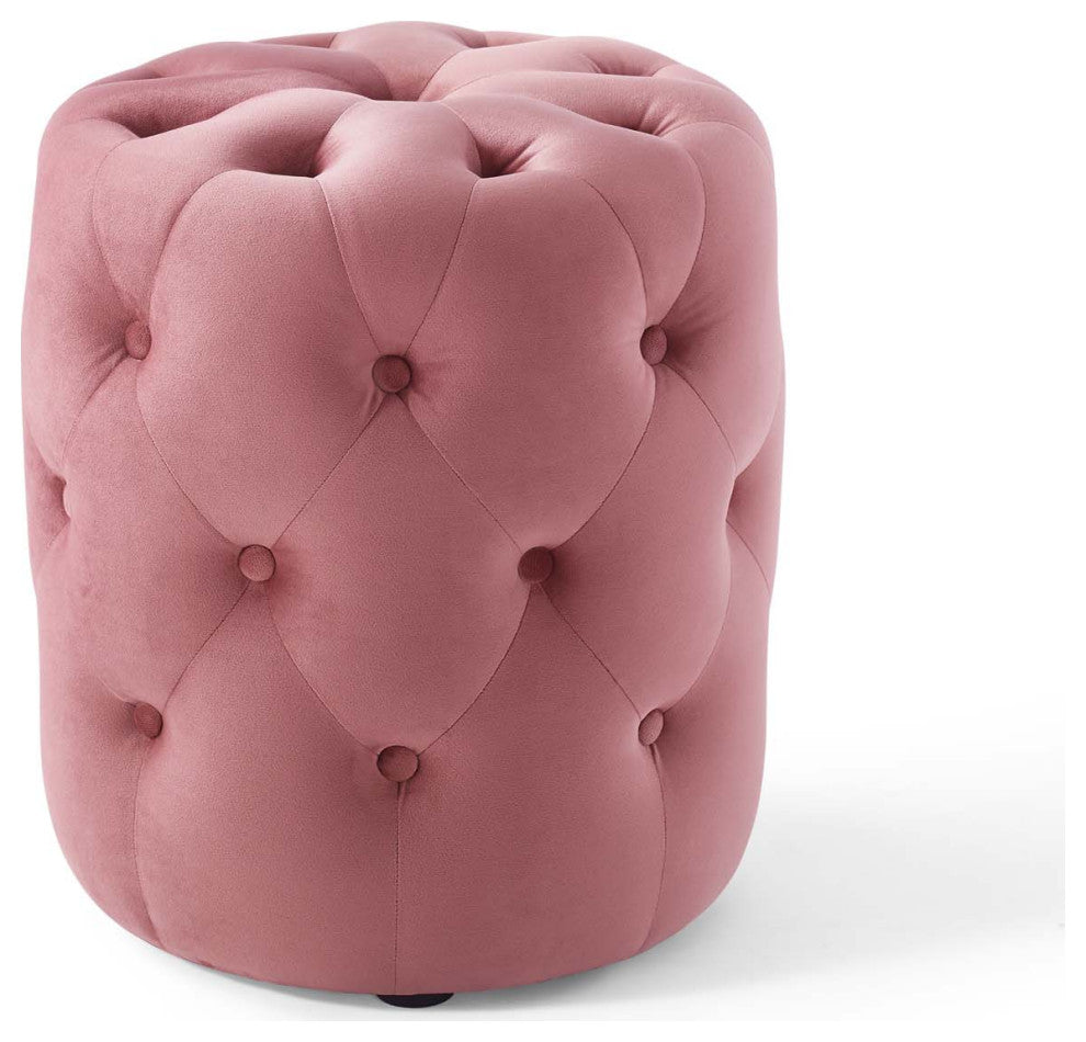 Anthem Tufted Button Round Performance Velvet Ottoman Dusty Rose