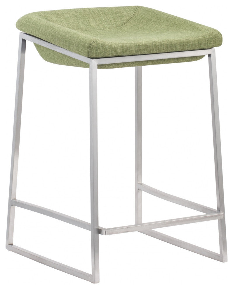 Set of Two Heathered Green and Stainless Indented Counter Stools