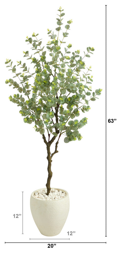 63" Eucalyptus Artificial Tree, White Planter