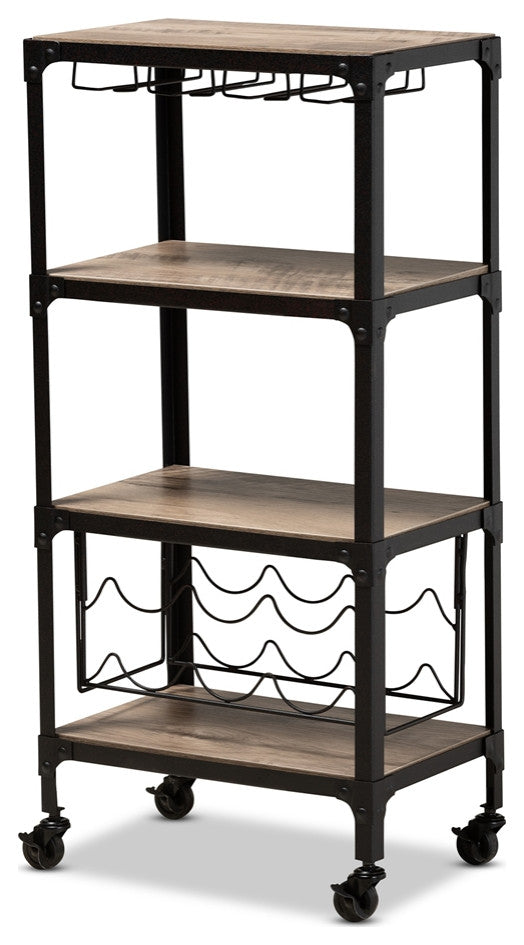 Industrial Style Metal Distressed Oak Finished Wood Mobile Kitchen Bar Wine Cart