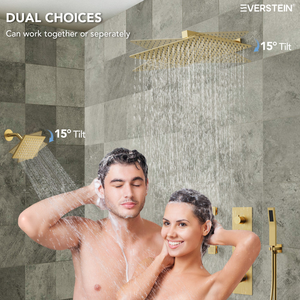 Dual Heads 16" Thermostatic Shower System With Hand Shower, Brushed Gold