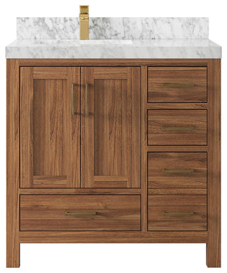 Malibu Teak 36" Left Offset Bath Vanity in Dark Natural 2" Carrara Marble