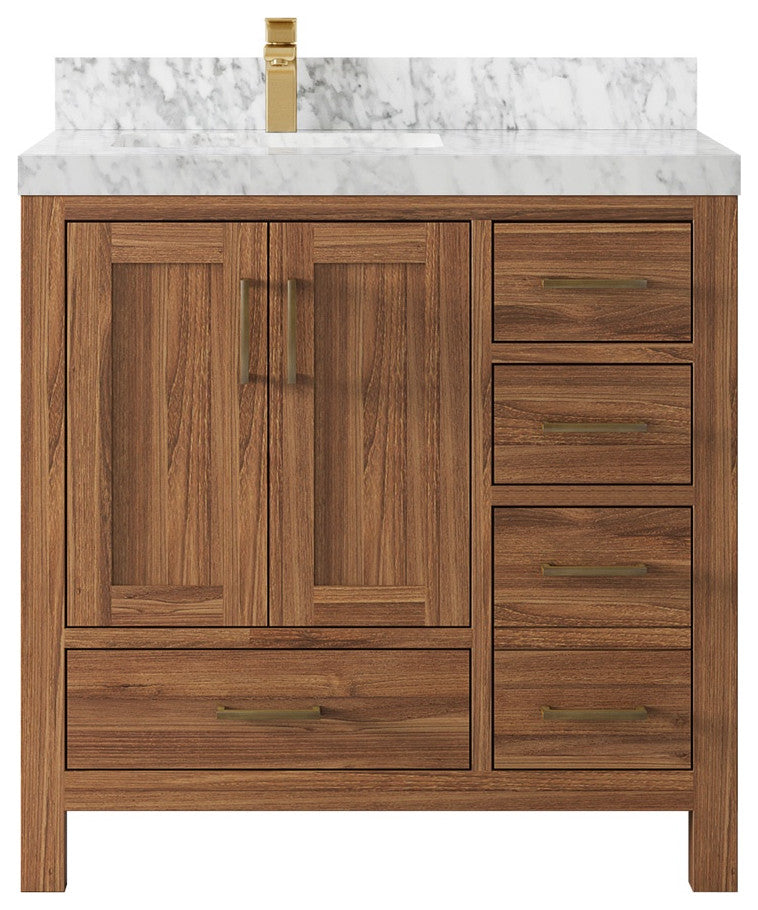 Malibu Teak 36" Left Offset Bath Vanity in Dark Natural 2" Carrara Marble