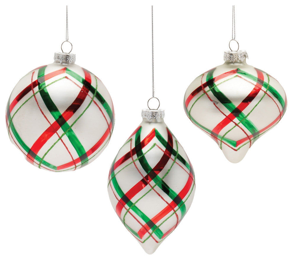 Plaid Glittered Glass Ornament, 6-Piece Set
