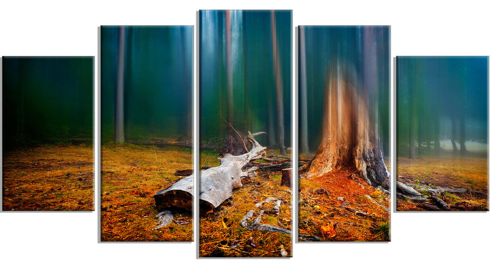 Blue Forest on Foggy Morning, Landscape Canvas Art Print, 60"x32", 5 Panels