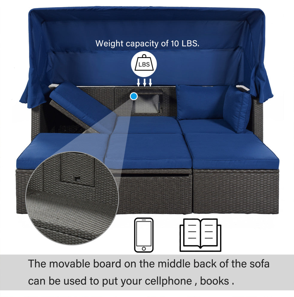 4-Piece Outdoor Wicker Sectional Patio Daybed with Canopy and Ottoman, Black Blu