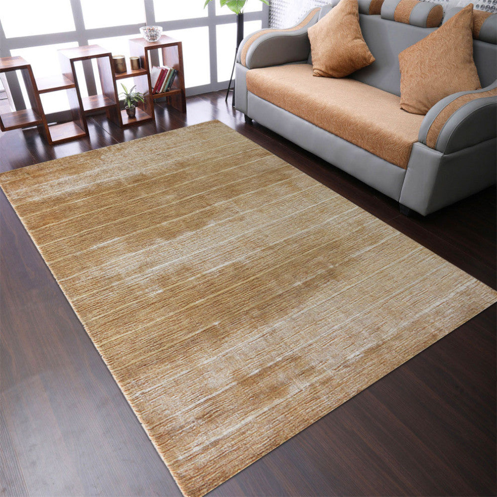 Hand Knotted Loom Silk Mix Area Rug Solid Gold Beige