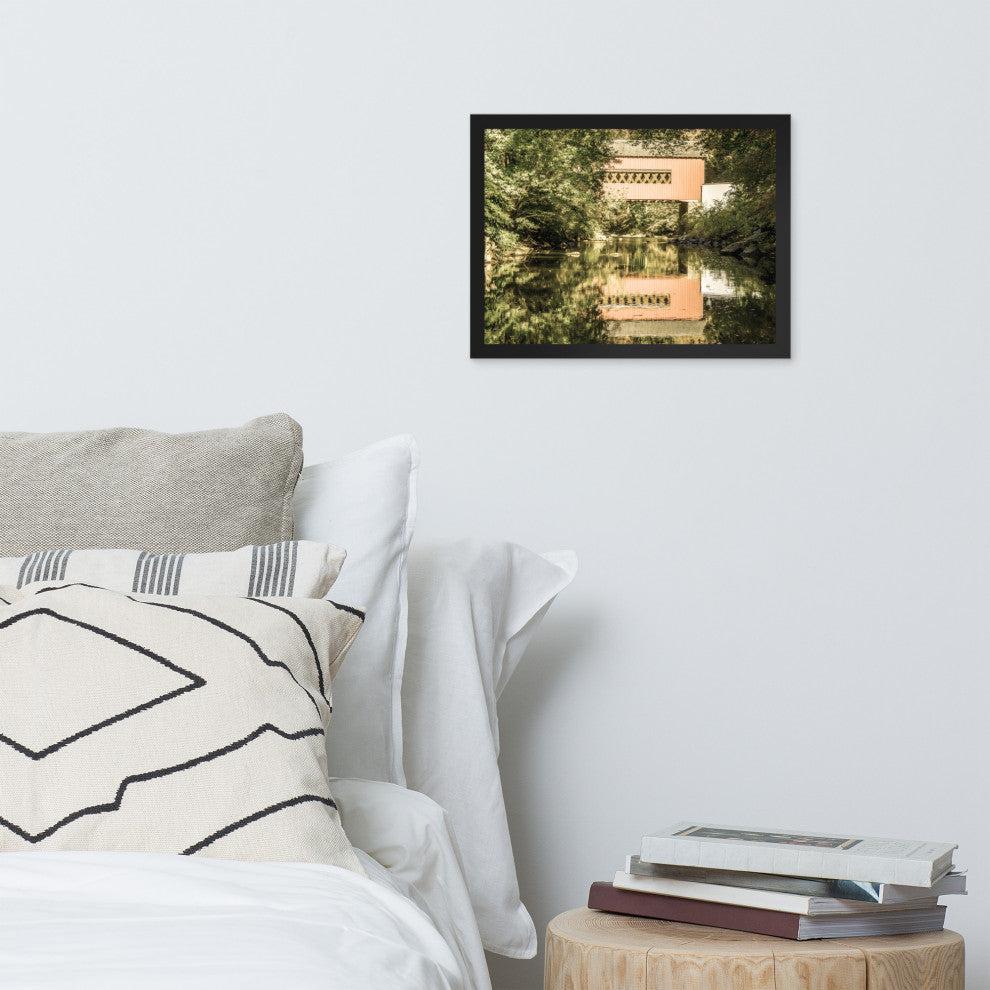 The Reflections of Wooddale Covered Bridge Aged Framed Photo Wall Art Print, Black, 12" X 16"
