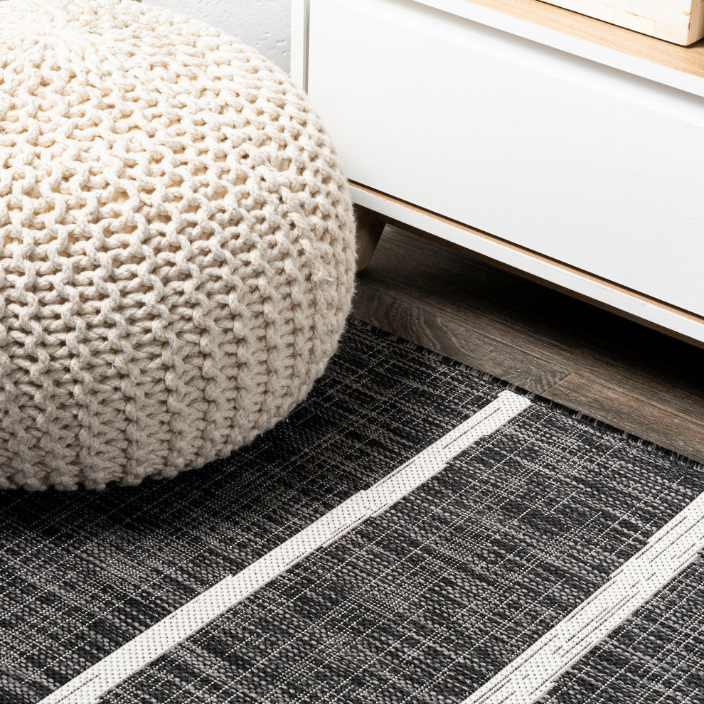 Colonia Berber Stripe Indoor/Outdoor Rug, Black/Ivory, 2x10