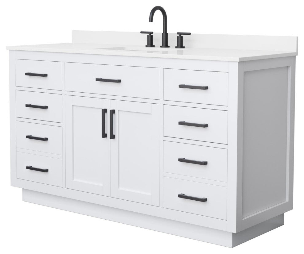 Beckett TK 60" White Single Vanity, White Quartz Top, 3-Hole, Black Trim