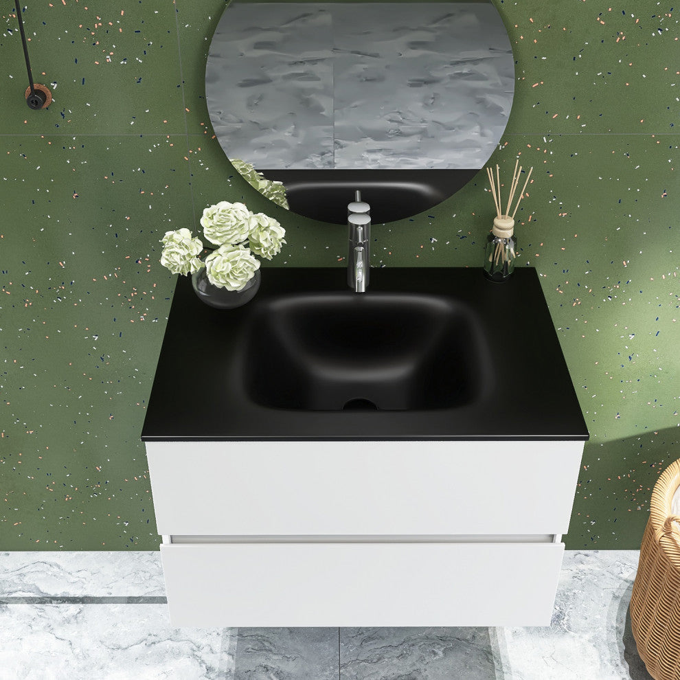 Wall-Mounted Bathroom Vanity Set in White with Black Top and Integrated Sink, 30"