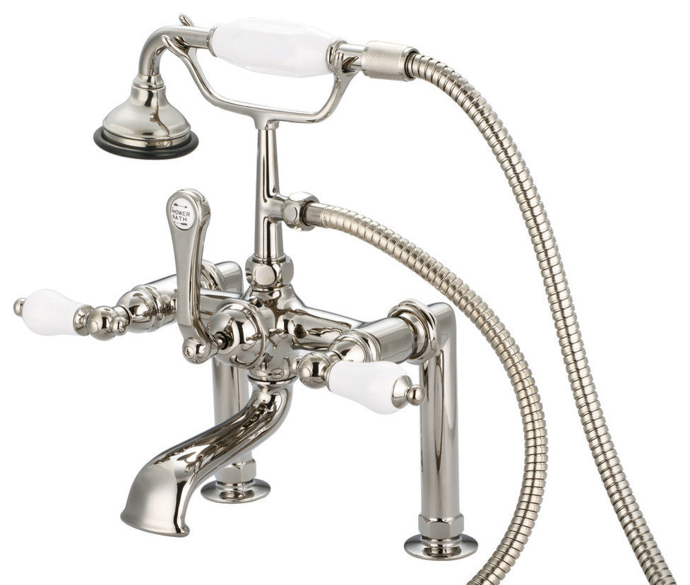 Vintage 7" Spread Deck Mount Tub Faucet w/6" Risers & Handshower, Lever handles