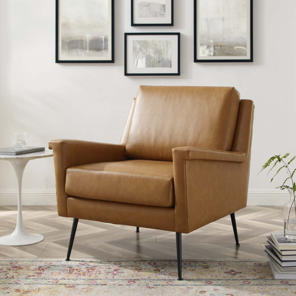 Armchair Accent Chair, Faux Vegan Leather, Black Tan, Modern, Lounge Hospitality