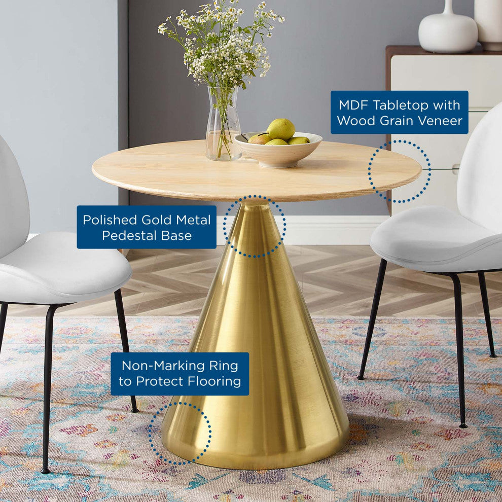 Dining Table, Round, Wood, Metal, Gold Brown Natural, Modern, Bistro Restaurant