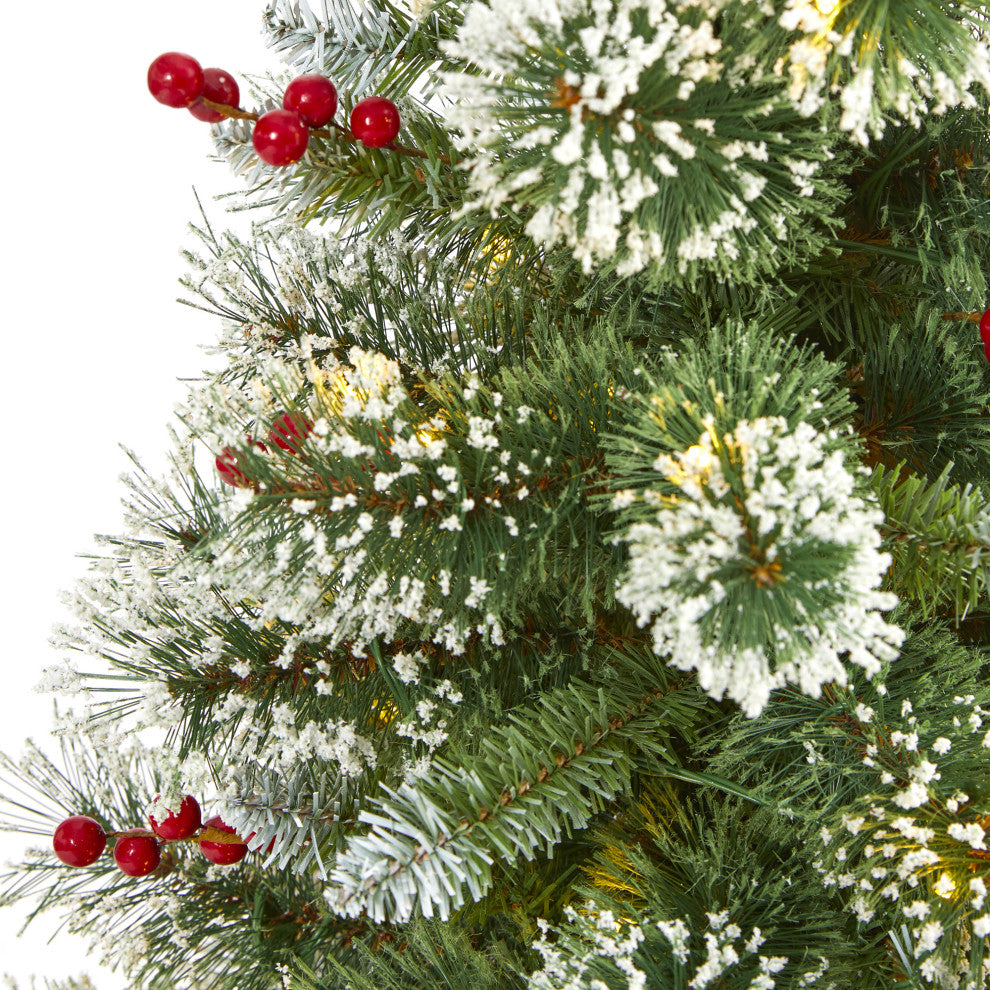 4' Frosted Swiss Pine Faux Christmas Tree With 100 Clear LED Lights and Berries