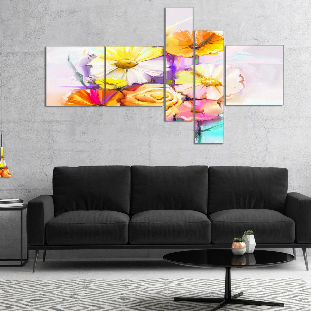 Yellow Pink Gerbera and Rose Bouquet, Large Floral Wall Art, 60"x32", 5 panels