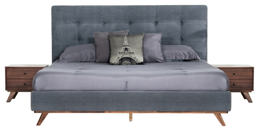 Modrest Addison Mid-Century Gray Fabric and Walnut Bed, Charcoal, Eastern King