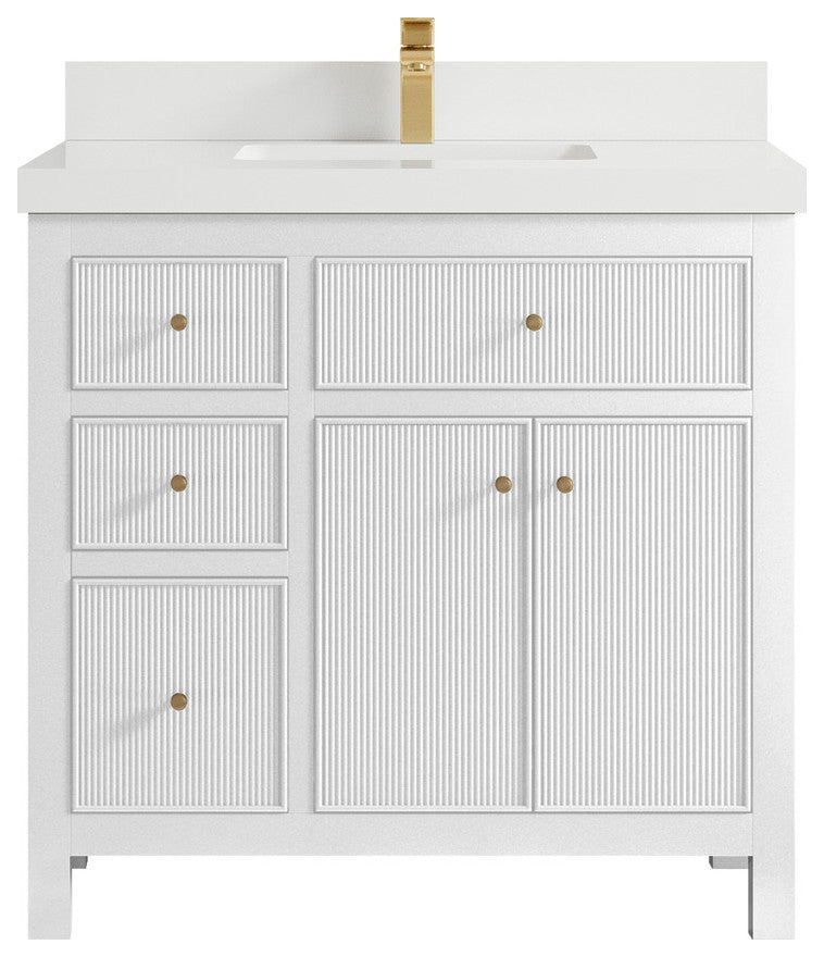 Sonoma 36 Center Sink Reeded Bath Vanity in White 2" White Quartz