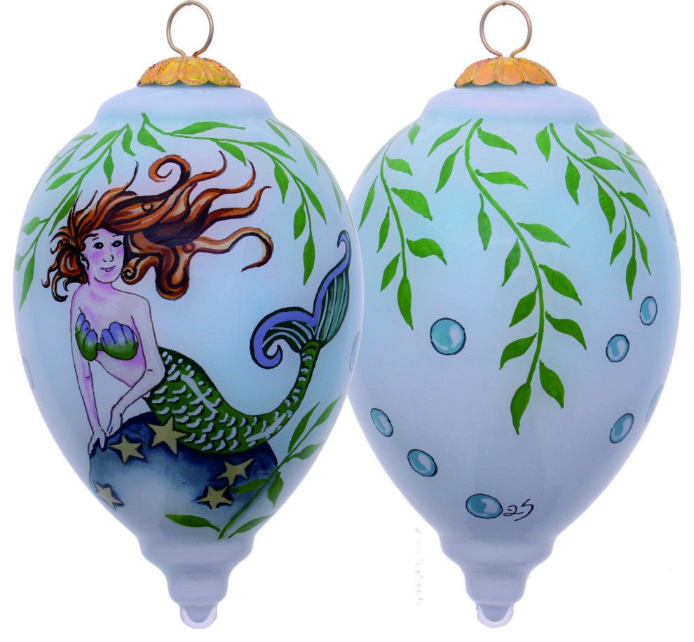 Green Mermaid Hand Painted Mouth Blown Glass Ornament