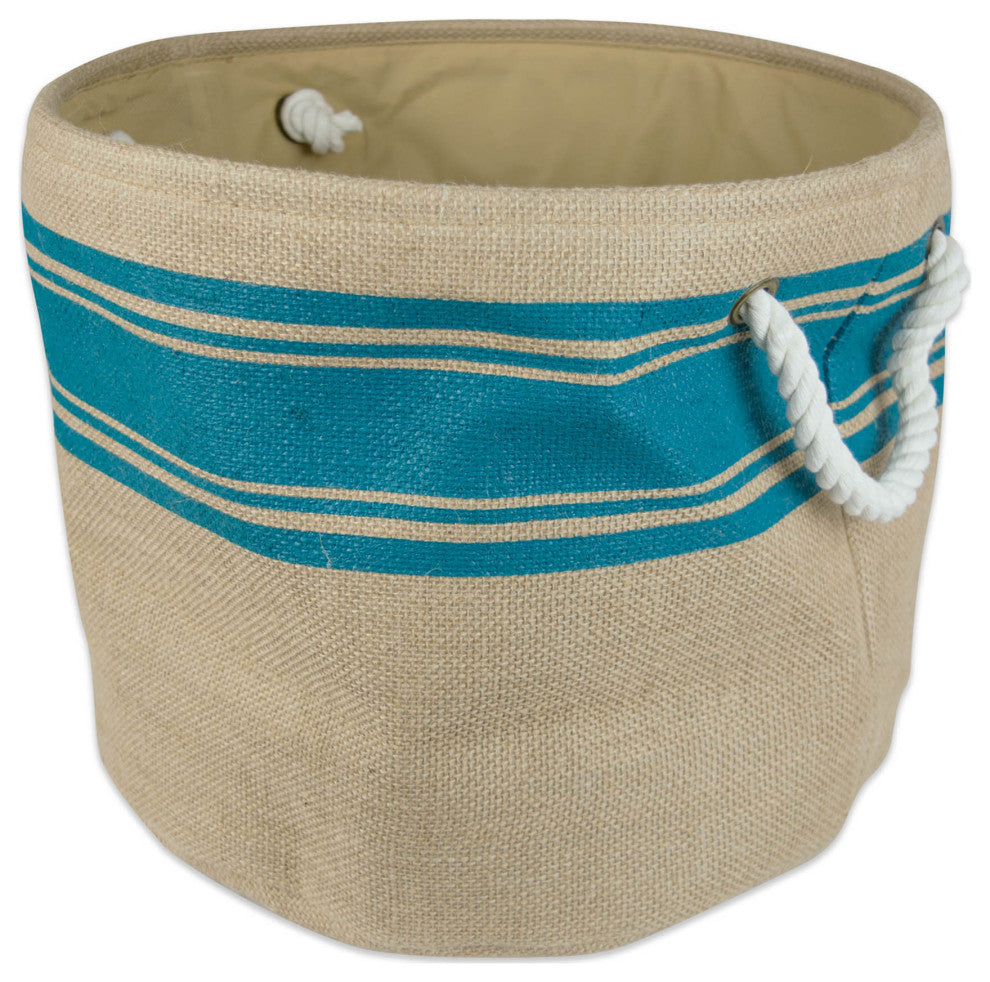 Burlap Bin Border Teal Round Large 15"x16"x16"