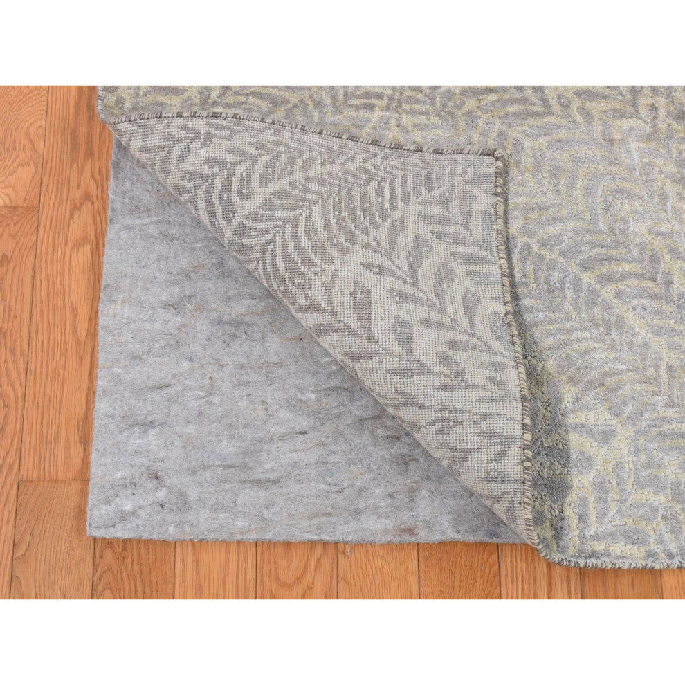 Silver Gray, Gold Leaf Design, Pure Silk, Hand Knotted, Rug, 8'10"x12'1"