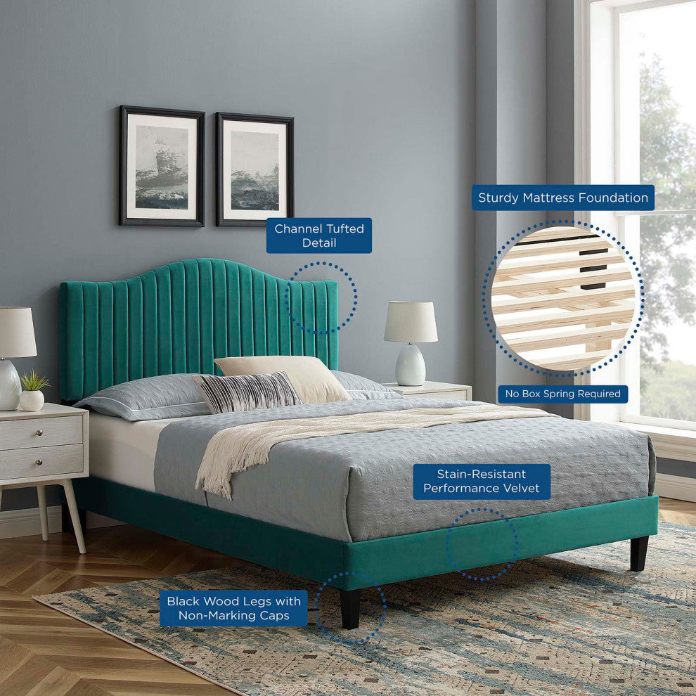 Tufted Platform Bed Frame, Queen Size, Velvet, Teal Blue, Modern Contemporary