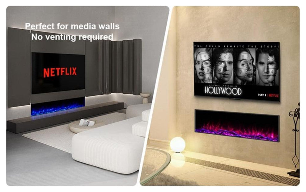 ALEXENT Recessed 96" black Electric Fireplace WiFi Remote Wall Mount Flame Color