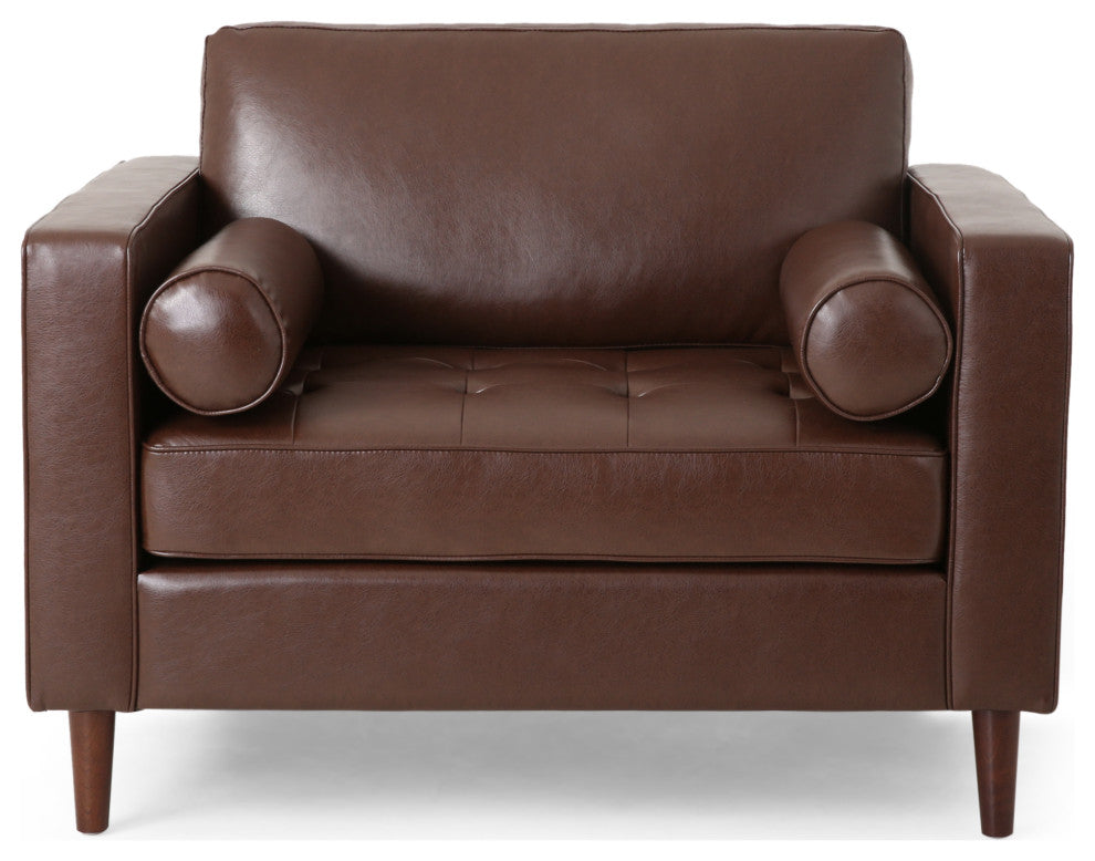 Hixon Faux Leather Tufted 3 Piece Sofa and Club Chair Set, Dark Brown + Espresso