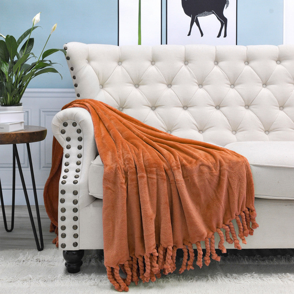 Braided Rope Flannel Fleece Throw, Burnt Orange, 60"x80"