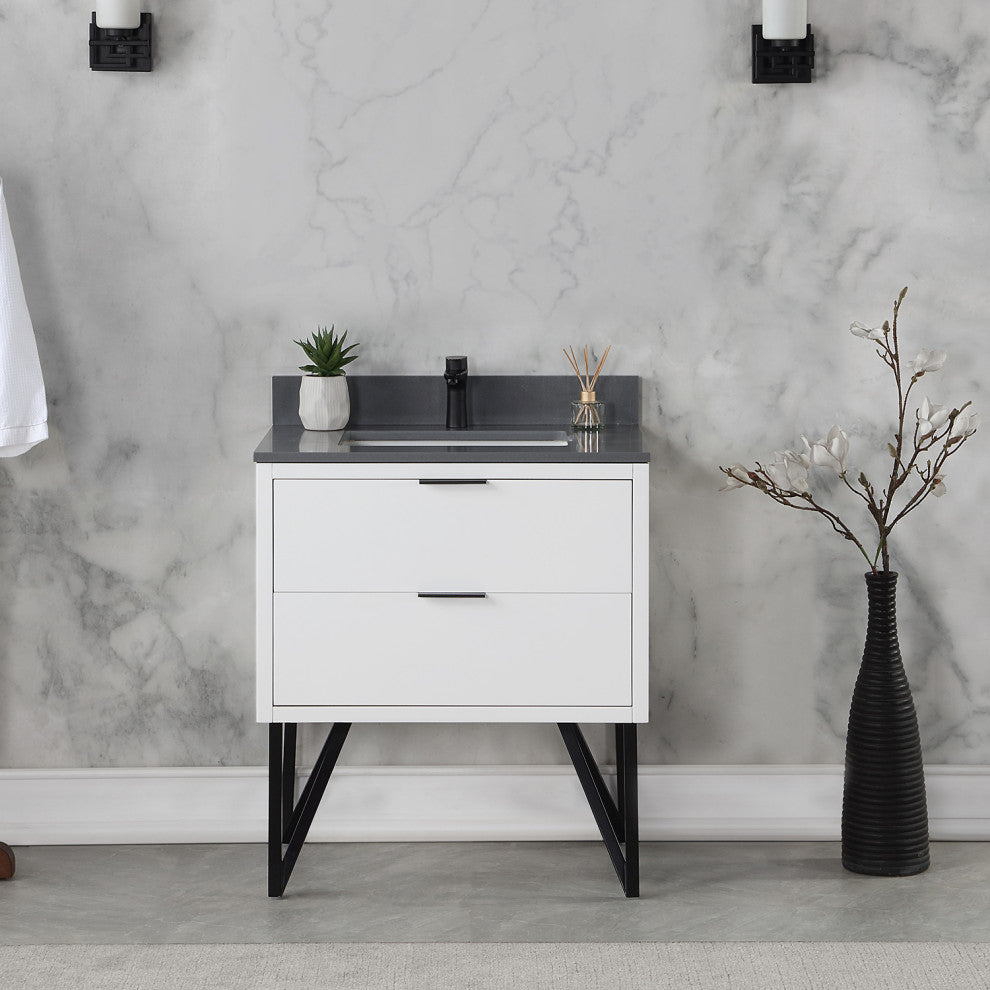 Helios Vanity With Gray Countertop, White, 30", No Mirror