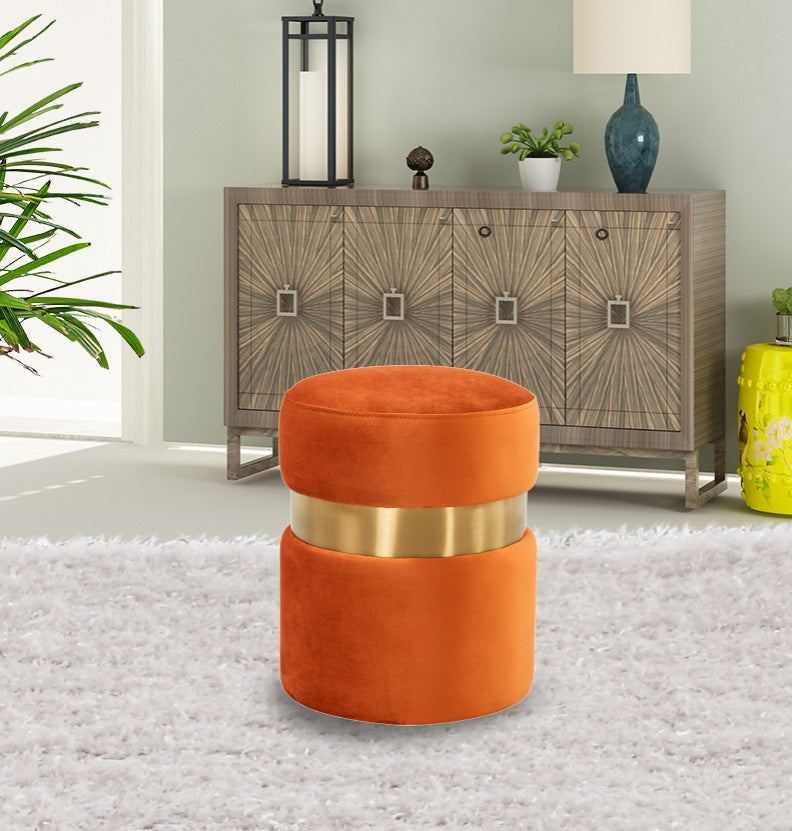 LeisureMod Troy Modern Round Velvet Ottoman Footrest Gold Band, Orange Marmalade