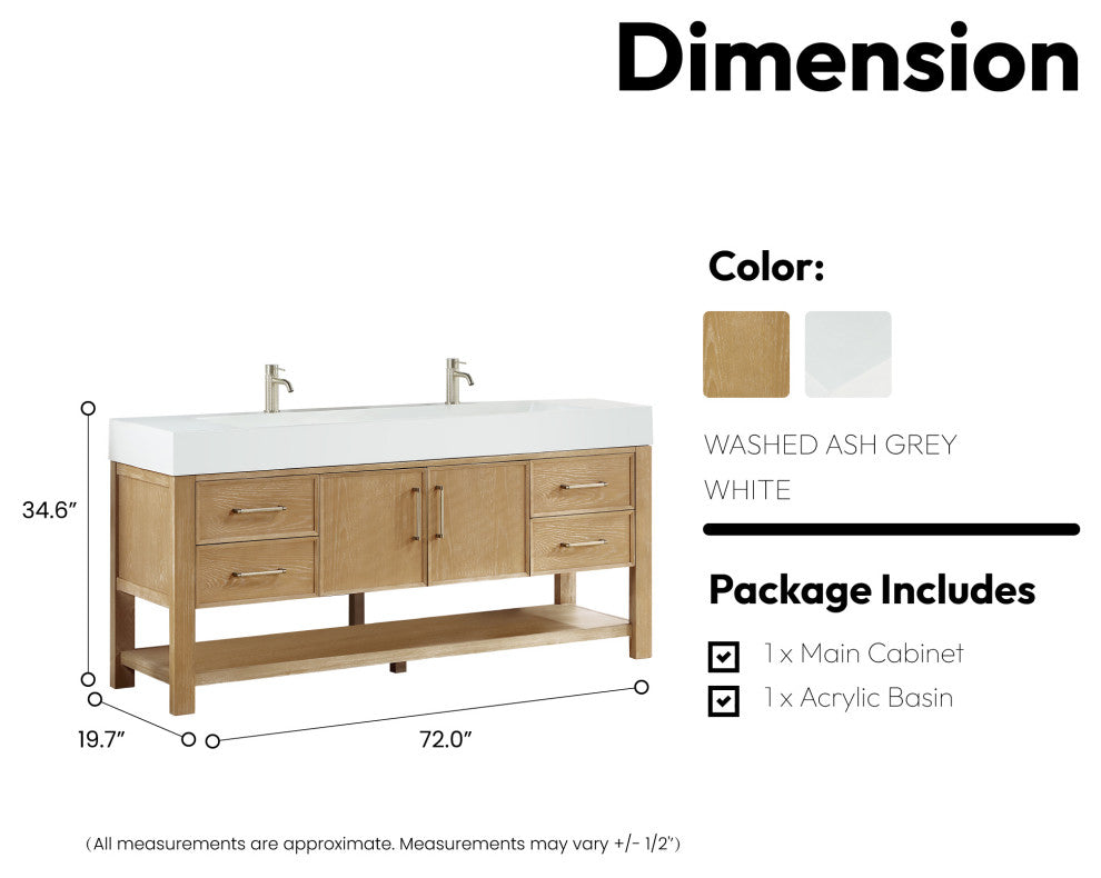 Vera Bath Vanity with Stone Top, Washed Ash Grey, 72", Single Vanity, No Mirror
