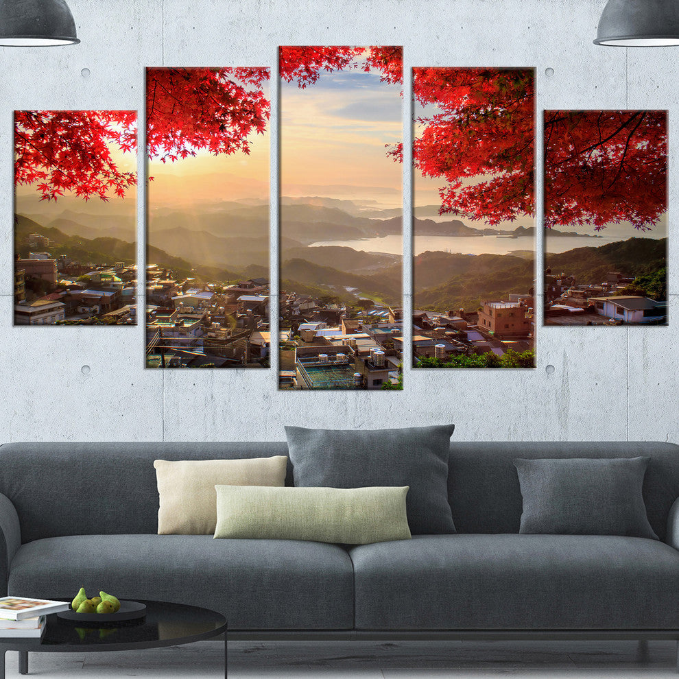 Taiwan Township with Red Trees, Large Landscape Canvas Art, 60"x32", 5 Panels